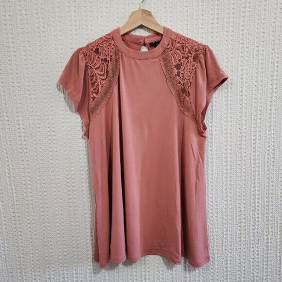 Torrid Plus Size Peach Studio Crepe Jersey Mock Neck Lace Inset Top 0X - Picture 3 of 13